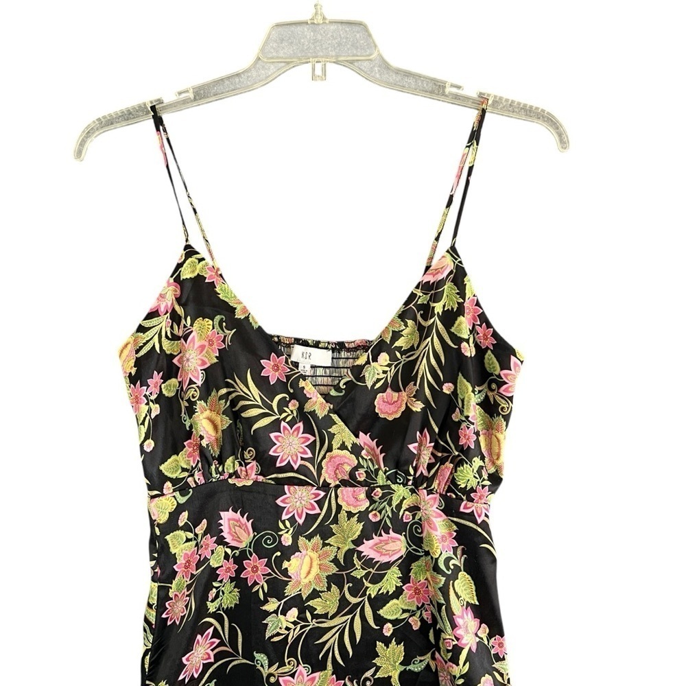 NSR Maxi Dress Satin Polyester Floral Black Pink Green Side Slit Size Small - Picture 12 of 12